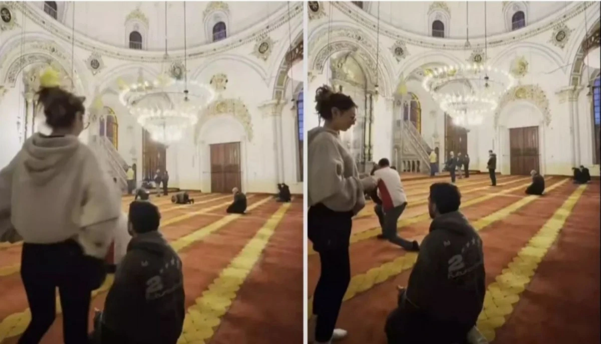 Gen&ccedil; kızın cami i&ccedil;erisinde uygunsuz hareketleri tepki &ccedil;ekti! Yer Konya